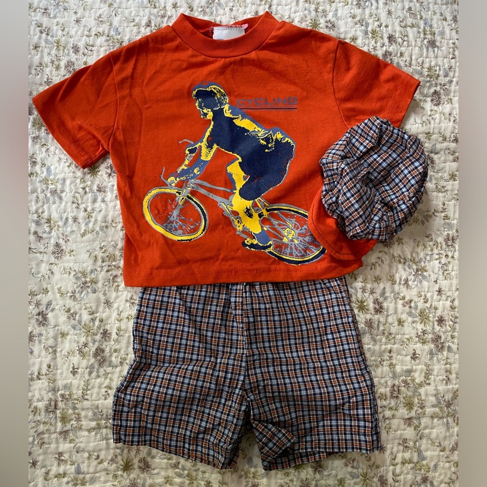Orange Cycling Graphic Tee and Plaid Shorts Set